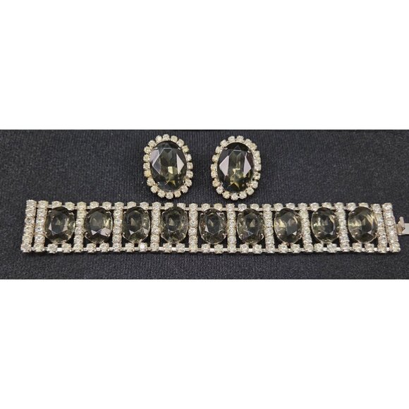 Vintage Smoke and Ice Crystal Rhinestone Bracelet & Earrings Set Oval - Picture 12 of 16
